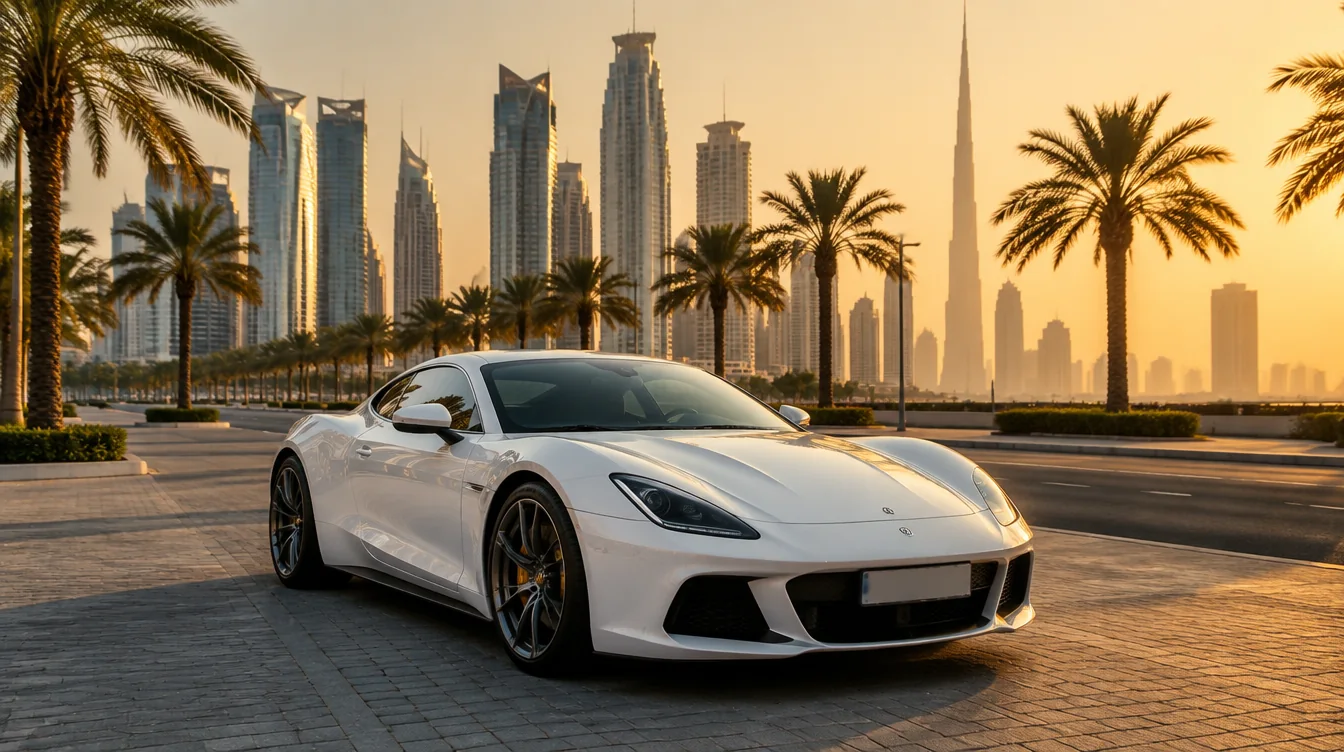 Une avenue de Dubaï avec une voiture de luxe, barrée d’une croix rouge